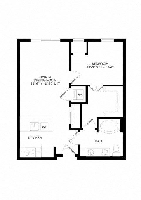 Floor plan for 1 bed, 1 bath, 676 sqft